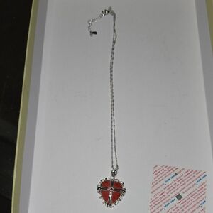Red and Silver Heart Pendant Necklace with Ornate Design